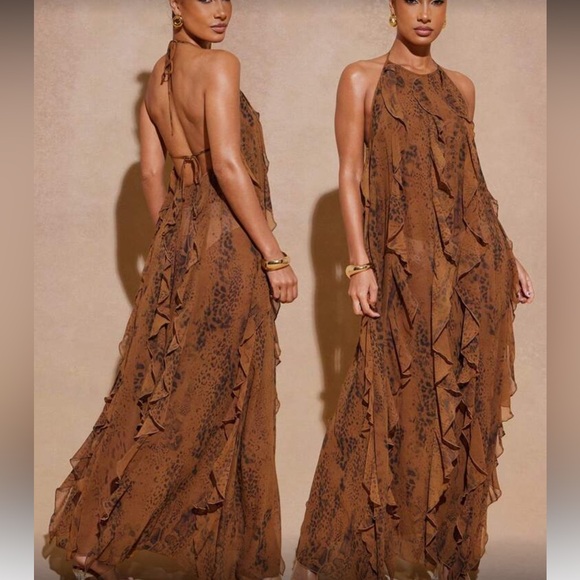 Dresses & Skirts - Elegant Brown Leopard Print Ruffles Halter Maxi Dress